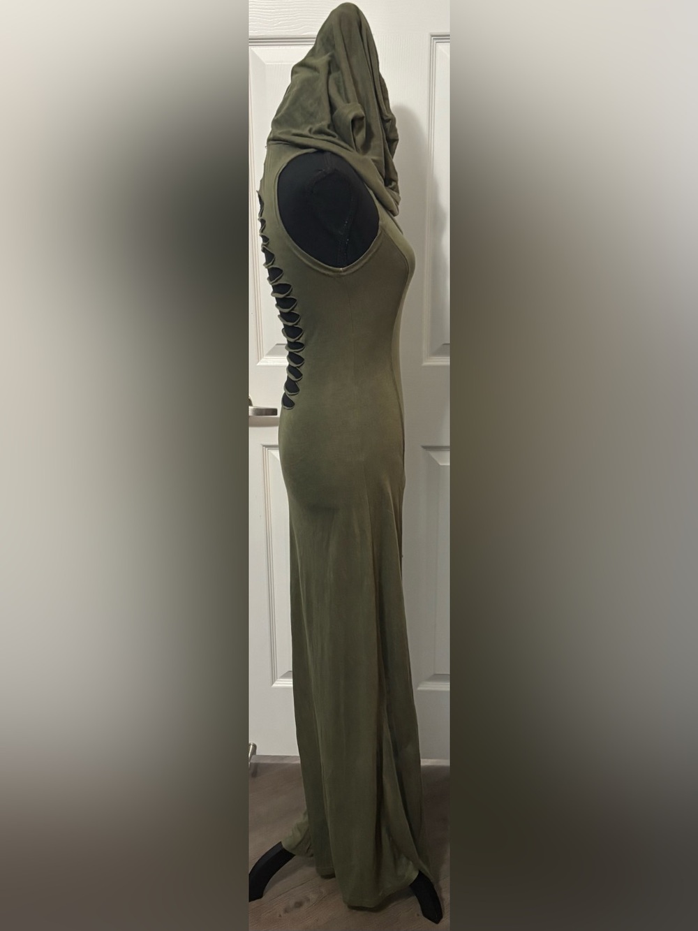 Dolls Kill / Darker Wavs Green Echo Hooded Slit Maxi Dress - Picture 3 of 8